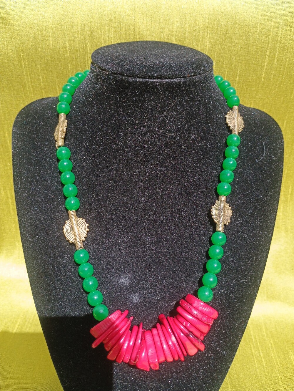 Green Beaded Necklace with Red Coral Accent